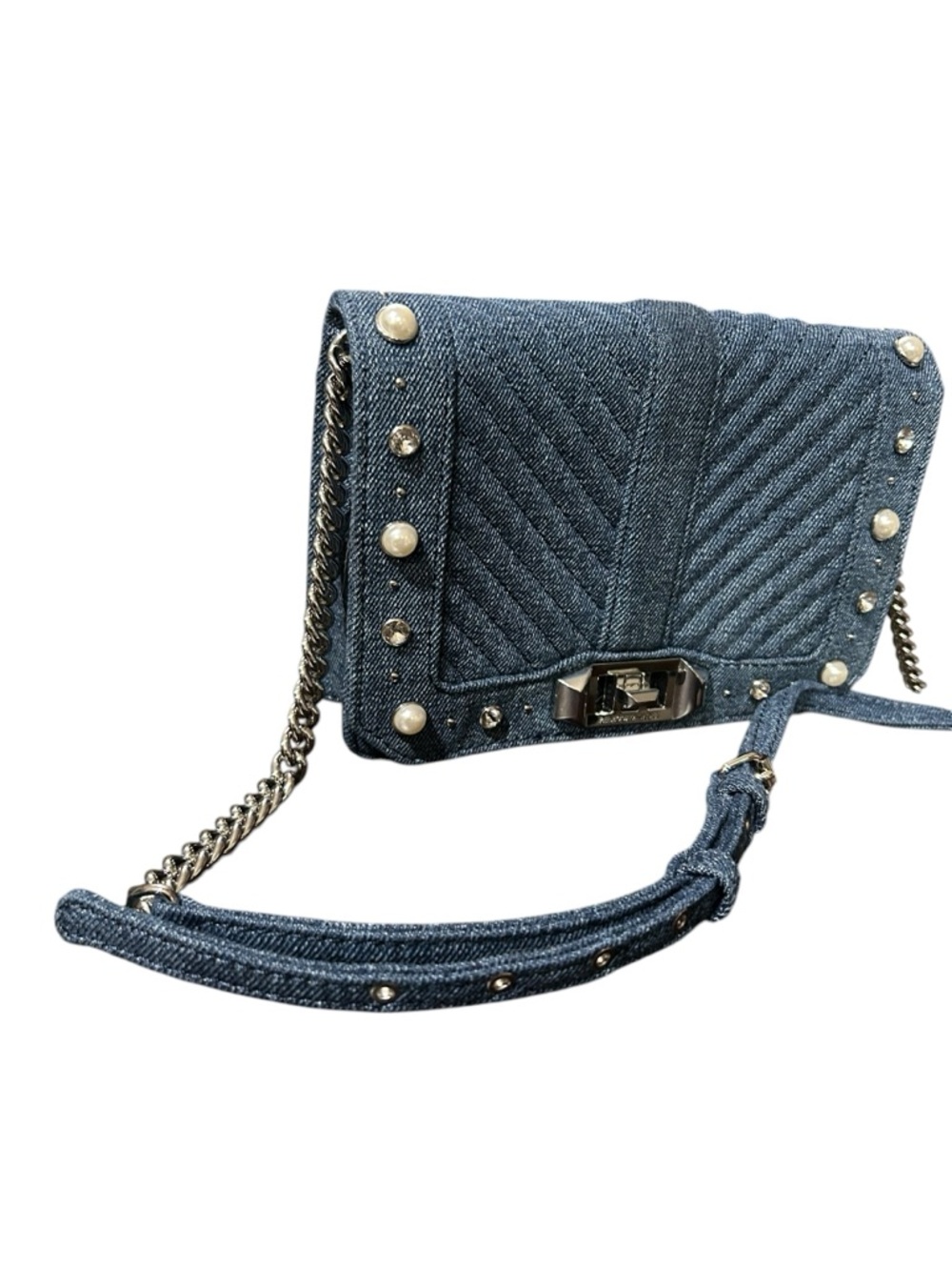 Rebecca Minkoff Edie Studded Pearl Denim Crossbody Bling Chain Bag RARE Like New - Picture 5 of 10